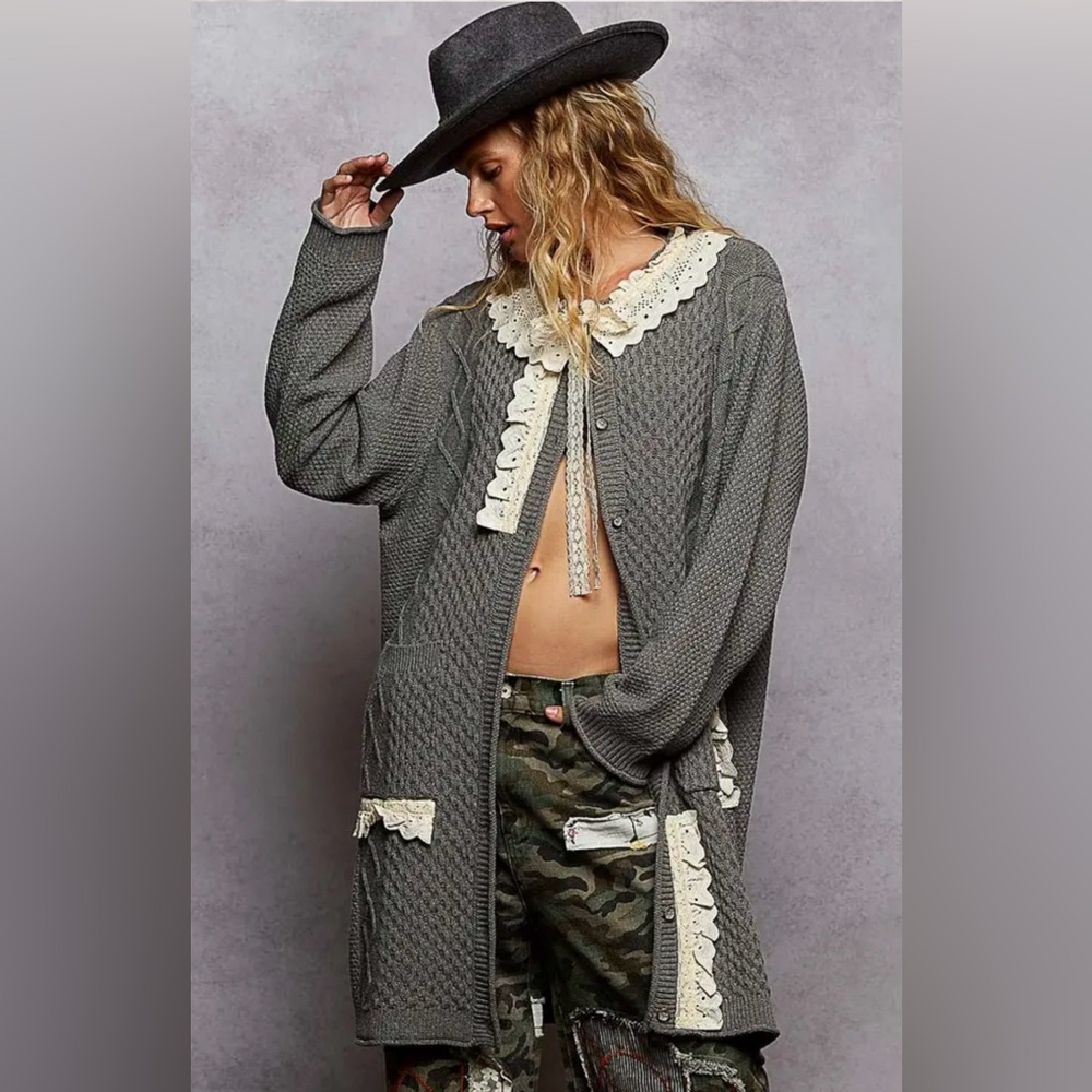 POL Gray Cardigan with Cream Lace Trim